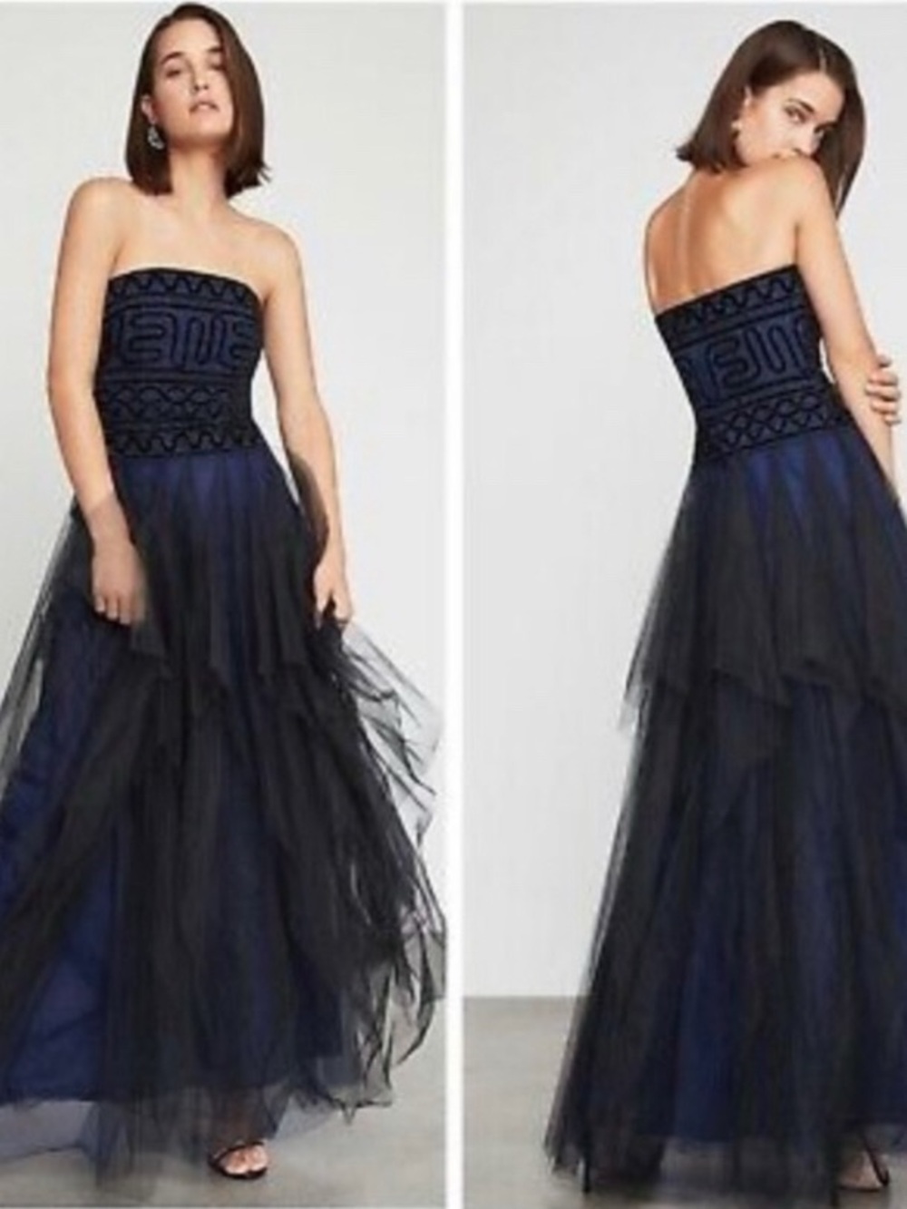 BCBGMaxAzria Women’s Strapless Dress Navy Black Tulle Gown Prom Princess Size 4